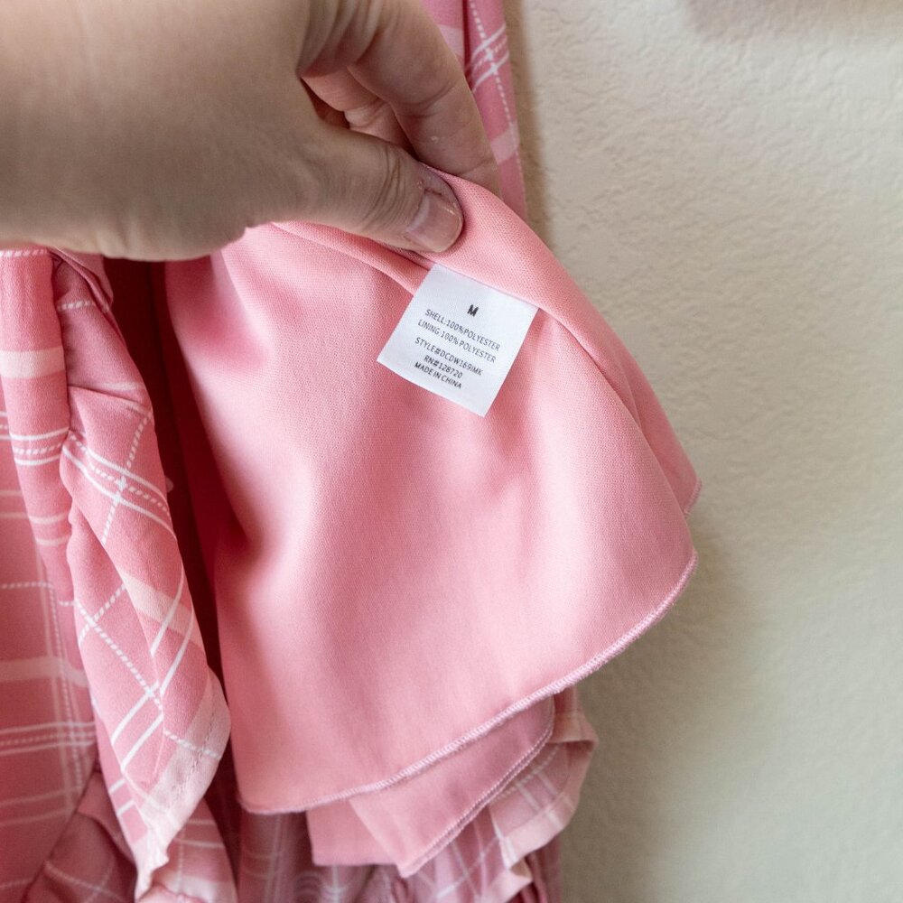 Mi Ami Pink Plaid Wrap Dress Womens M Ruffle Hem Midi Cottagecore Puff Sleeve - Picture 13 of 13